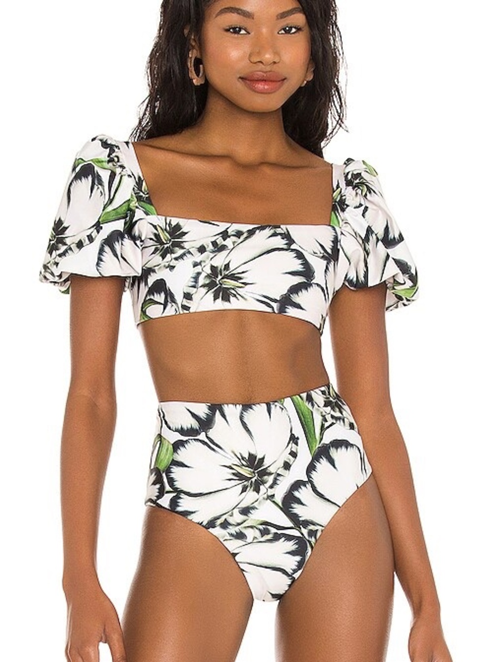 Agua Bendita White Floral Puff-Sleeve Bikini with Green Accents